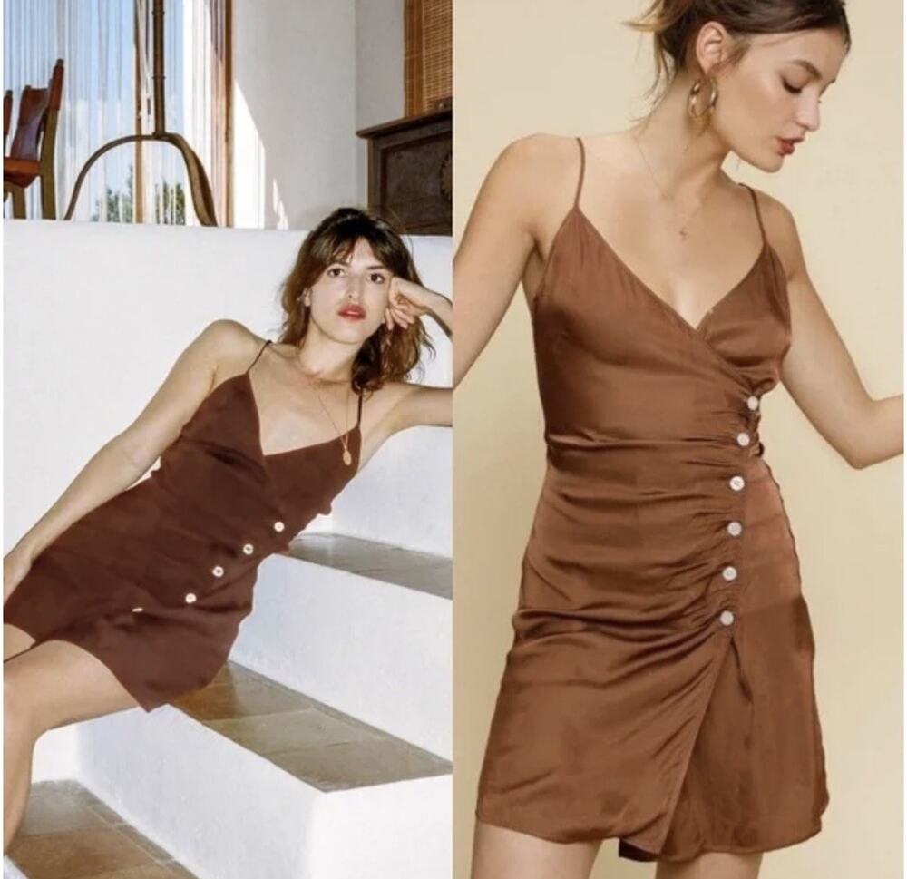 Rouje Paris Brown Satin Button Front Mini Dress Sz 36 US 4 Summer Wedding Guest